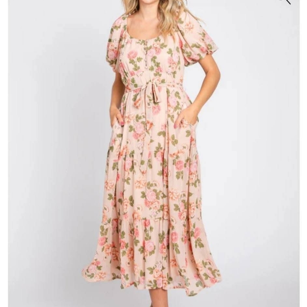 Pink Blish Pink Floral Button Puff Sleeve Midi Dress